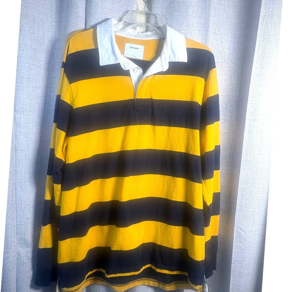 Old Navy Mens Rugby Shirt Large Navy Blue Yellow Striped Long Sleeve Michigan